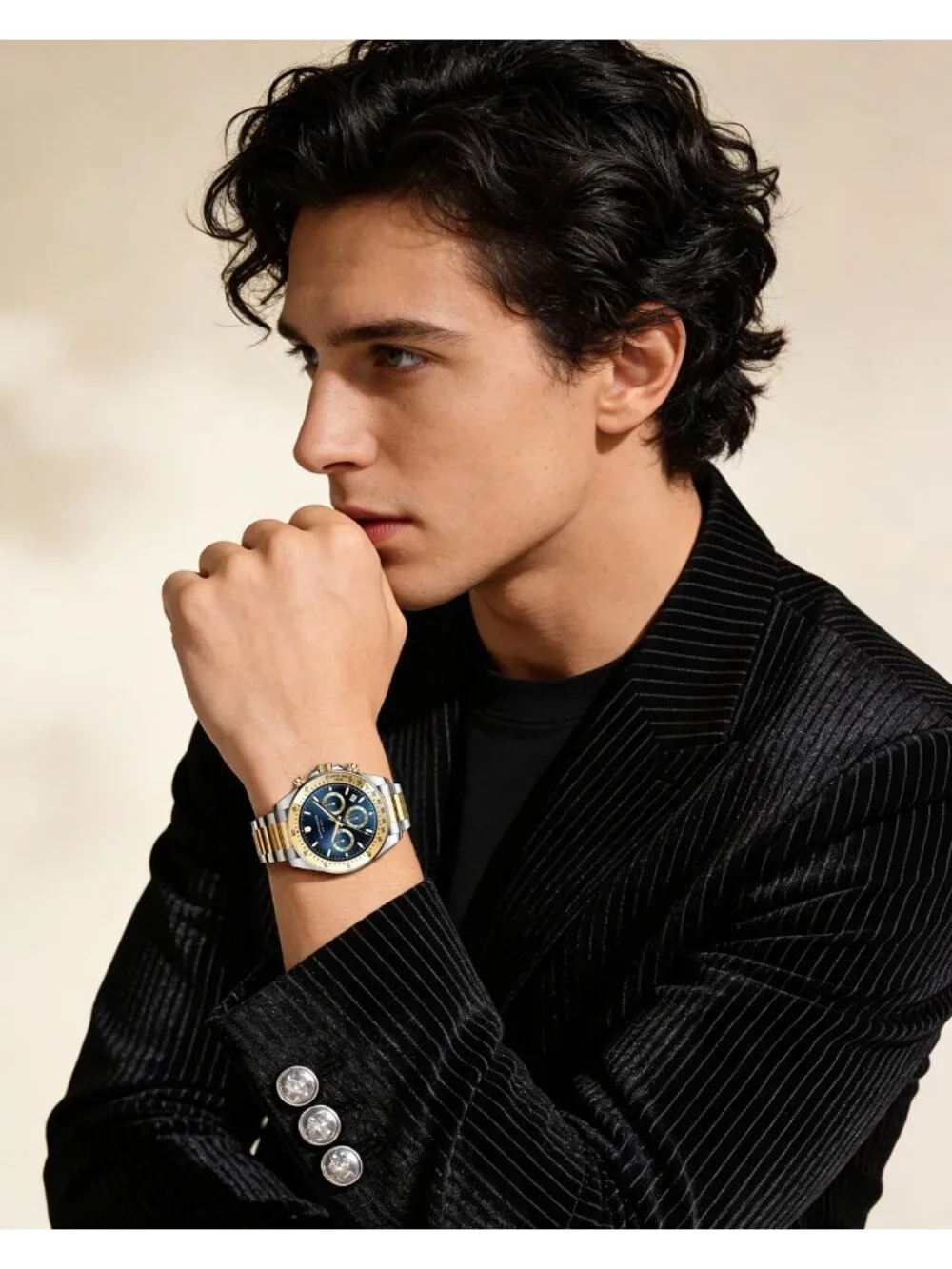 Men's Gold Silver Strap Blue Quartz Chronograph Stainless Steel Waterproof Watch